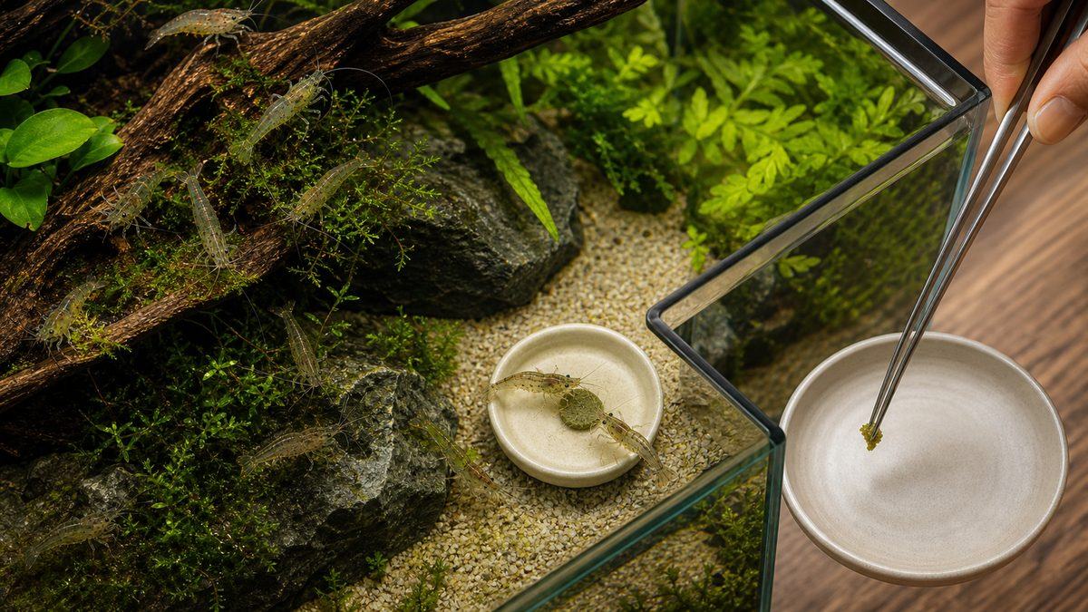 少量の沈下餌を食べるヤマトヌマエビとピンセットで回収する残り餌