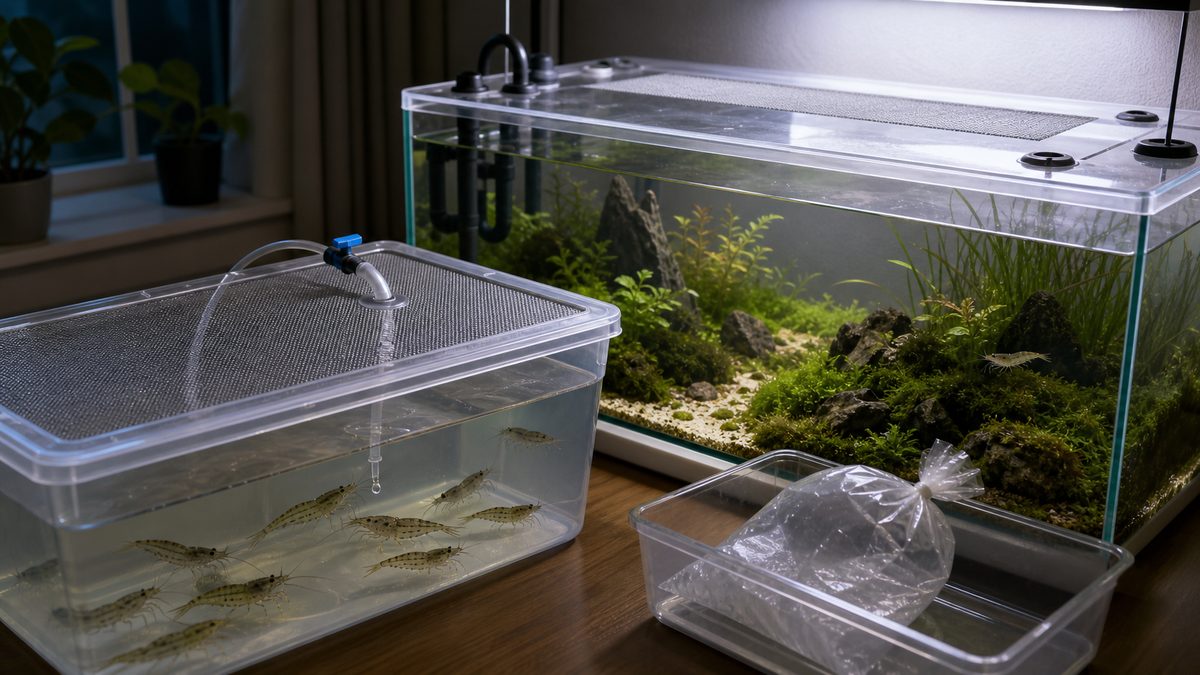 点滴水合わせ中のヤマトヌマエビと脱走防止フタを付けた本水槽