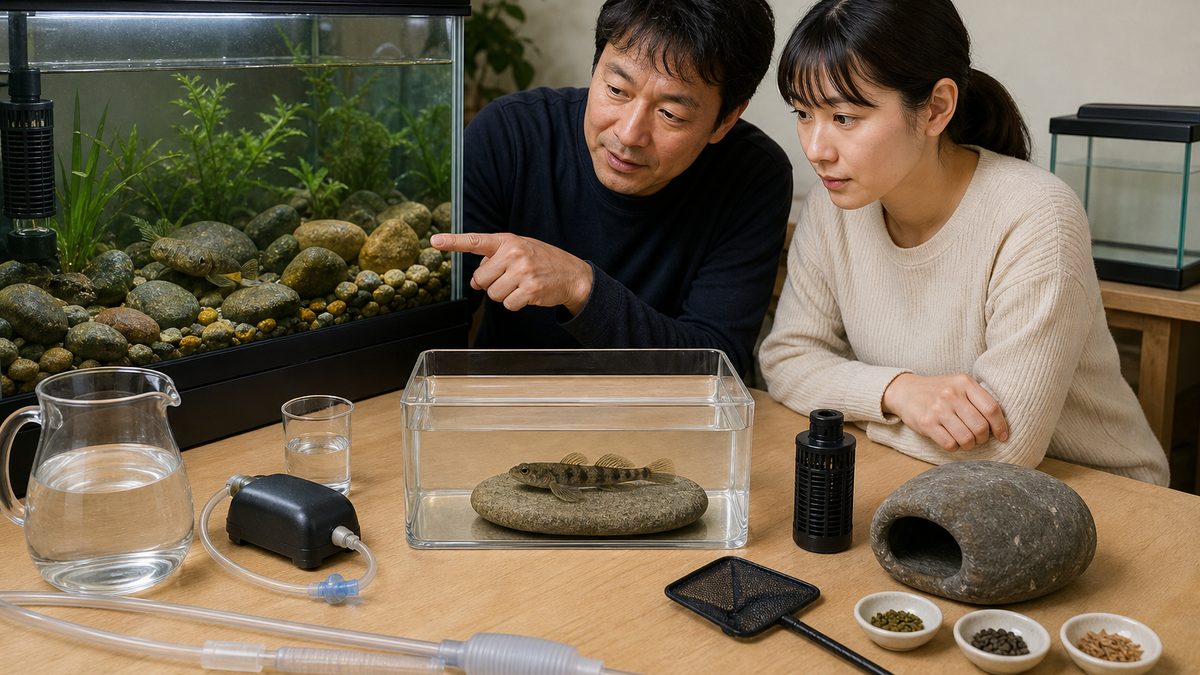ヨシノボリ水槽を見ながら観察容器・岩組み・ろ過・準備水・餌・隔離設備を確認する初心者