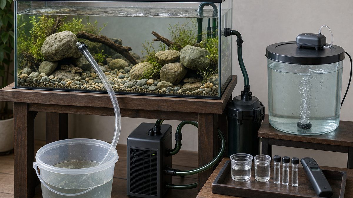 ヨシノボリ水槽の底を部分清掃し、別容器の準備水・採水検査・安全な冷却設備を確認する飼育者