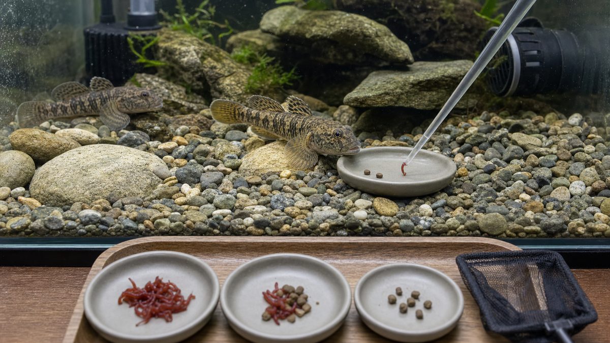 底の給餌皿へ少量の解凍餌と沈下性ペレットを届け、食べ方と残餌を観察するヨシノボリ