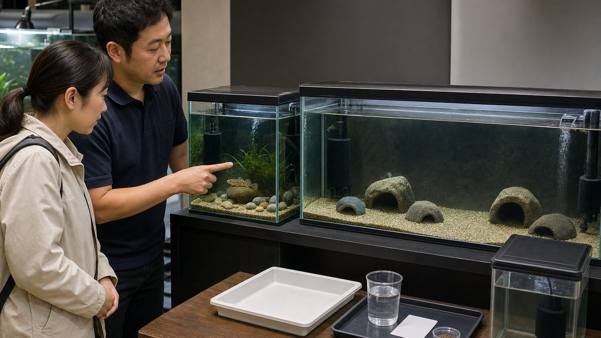 ヨシノボリ実魚と空の実演水槽を前に、使用水・岩組み・流れ・吸水口・フタを専門家へ相談する初心者