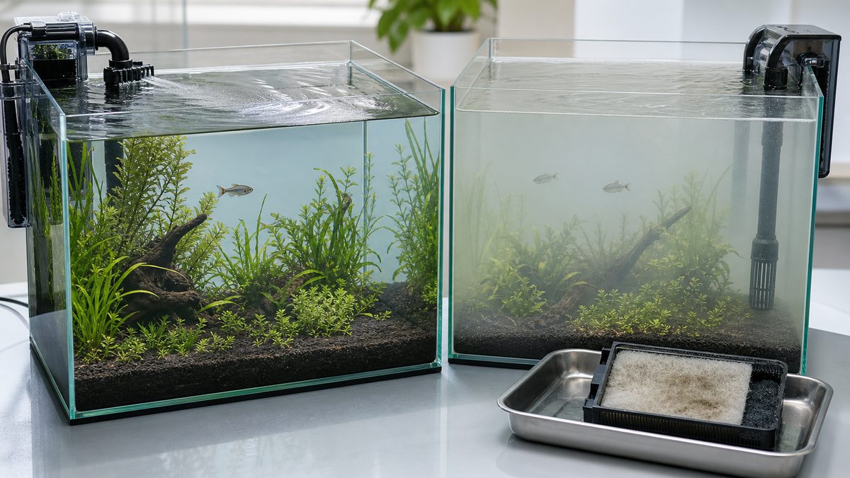 水面の油膜を揺らす流れと白濁りをフィルターへ導く循環の比較