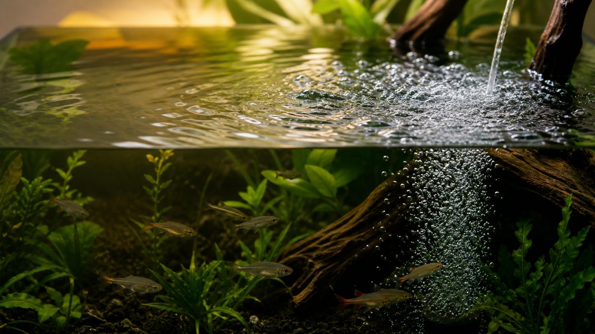 夏の水槽で水面の揺れと細かな気泡が酸素交換を助ける様子