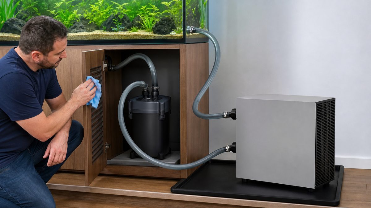 外部フィルターと水槽用クーラーを安全に配管した水槽設備