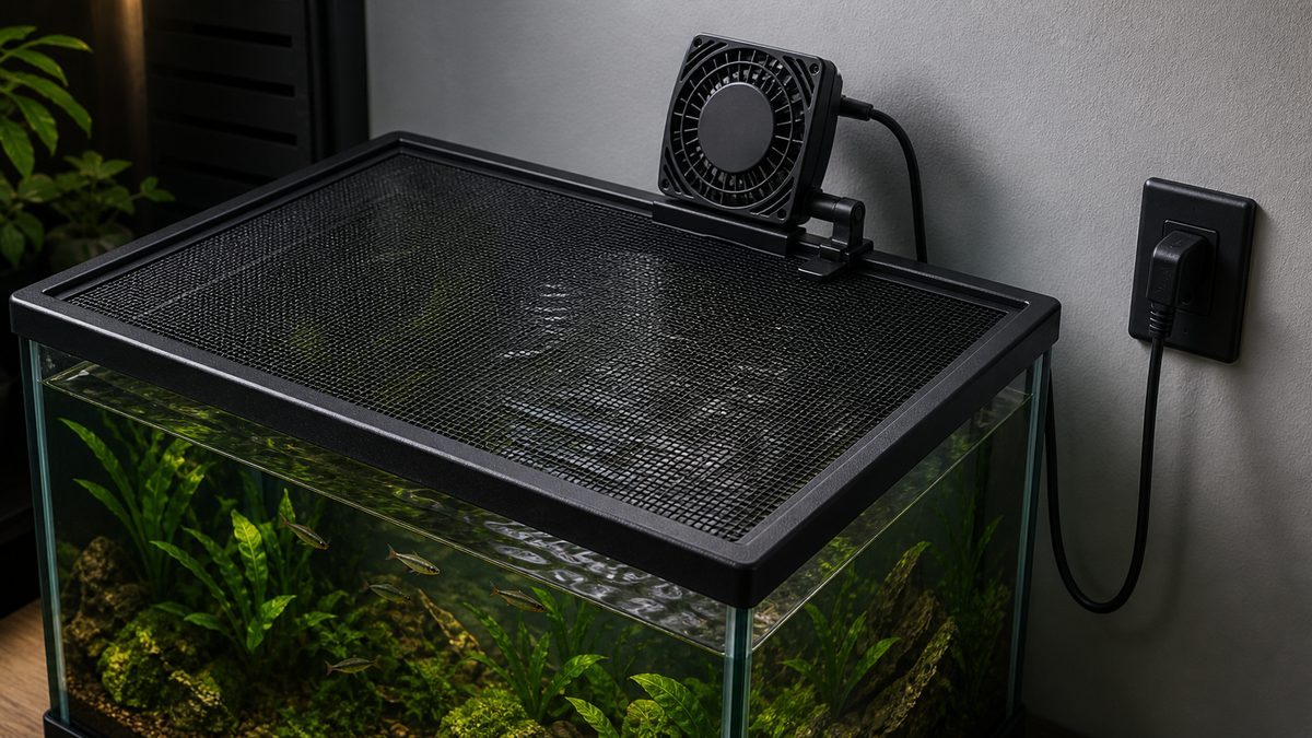 メッシュフタを保ち水面へ風を送る安全な水槽用冷却ファン