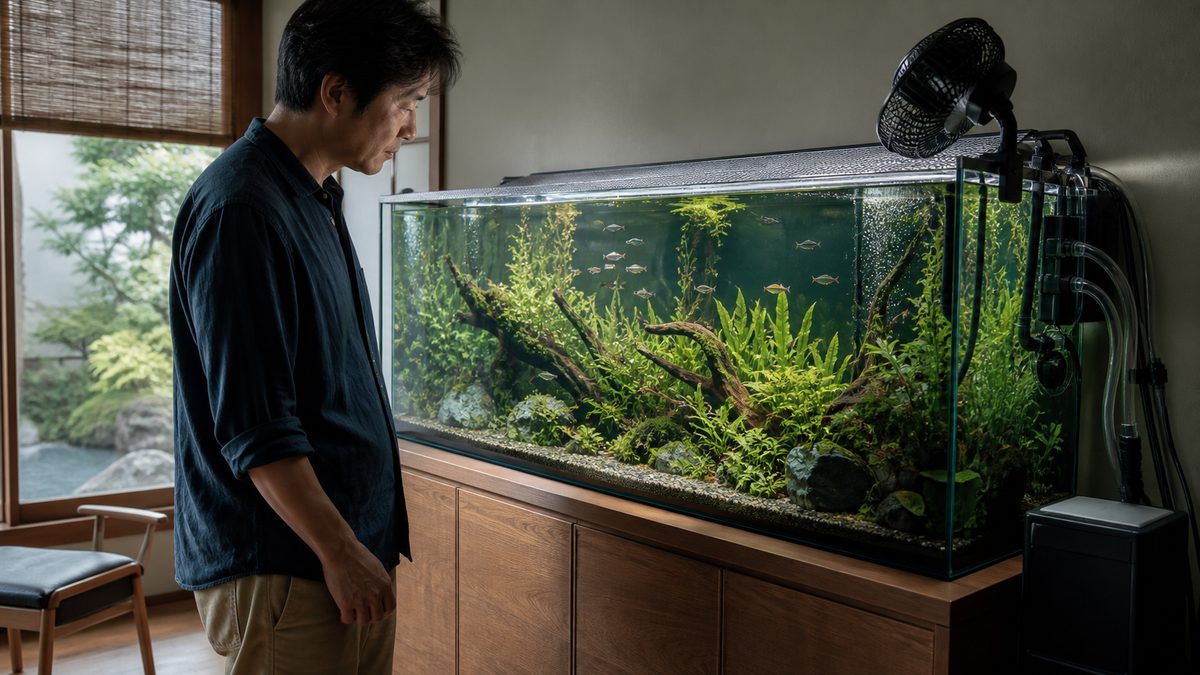 夏の水槽で魚・水面・水位・フタ・配管・温度をまとめて確認する様子