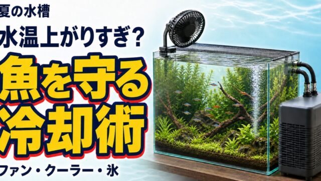 魚を守る冷却術の見出しと冷却ファン・水槽用クーラーを備えた夏の淡水魚水槽