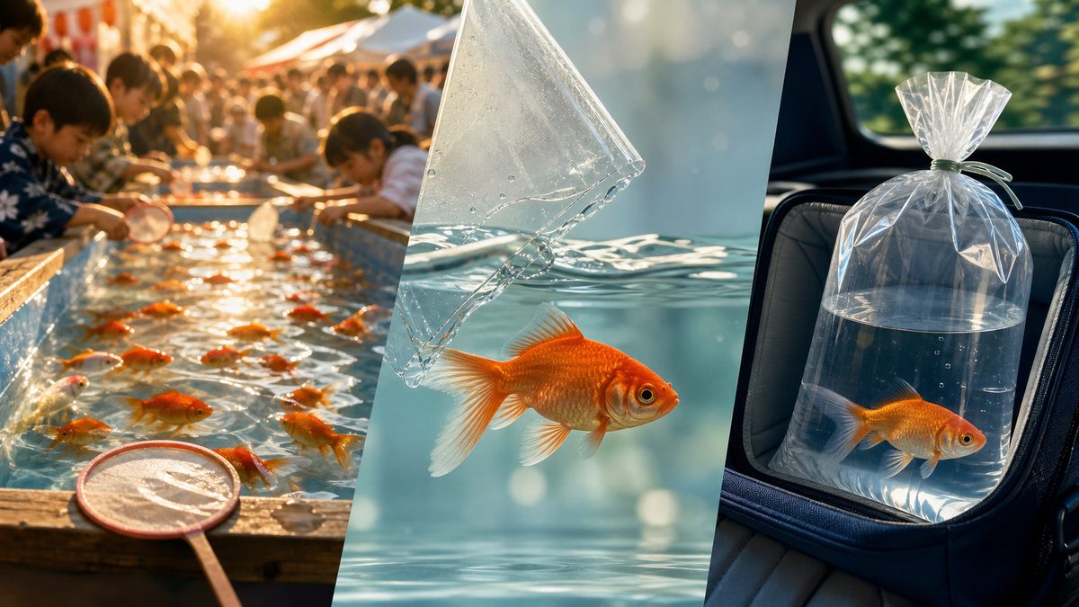 過密な金魚すくい会場から安定した袋で帰宅するまでの金魚の負担