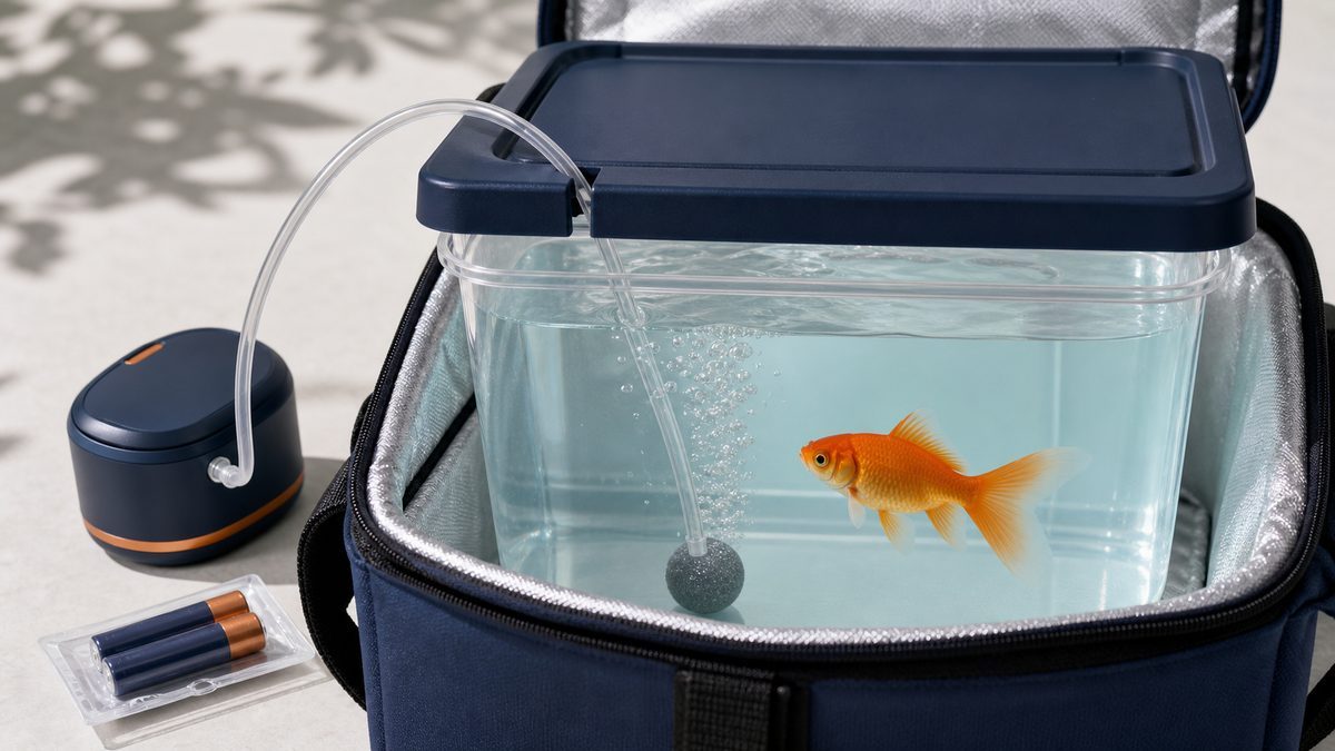携帯エアポンプから一本のチューブで水中のエアストーンへ送気する容器