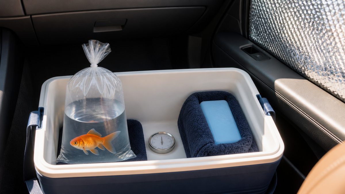 日よけした車内で金魚の袋とタオルで包んだ保冷剤を離して置く保冷方法
