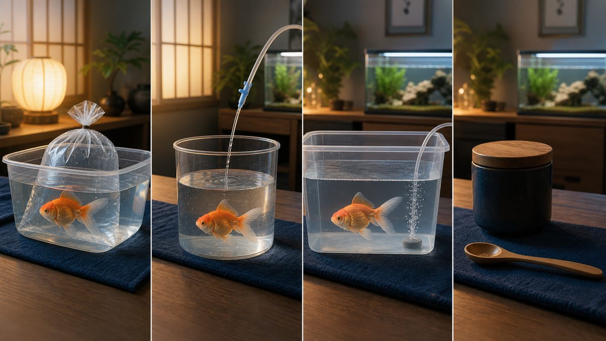 袋ごとの水温合わせ・点滴による水合わせ・別容器での観察・当日の絶食