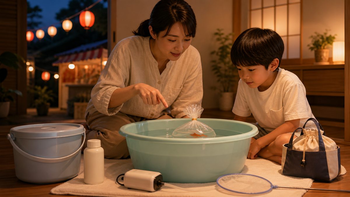 夏祭りから帰宅した親子が密封した金魚袋を準備水へ浮かべて見守る様子