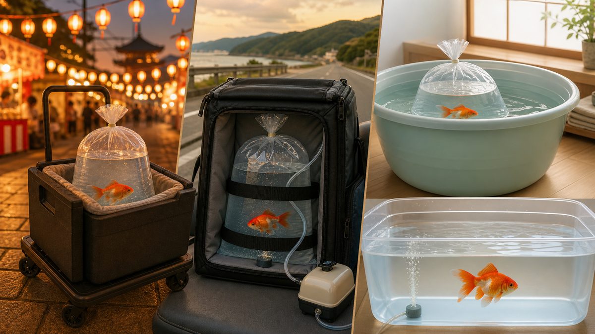 祭り会場から安定した輸送・水温合わせ・別容器での休養へ進む金魚