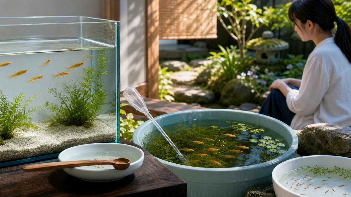 屋内水槽・屋外容器・成魚・稚魚と少量給餌の確認ポイント