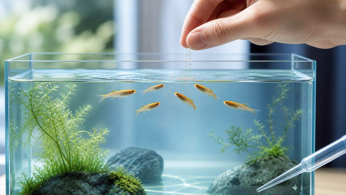 水面近くのメダカを観察しながら微量の餌を与える様子