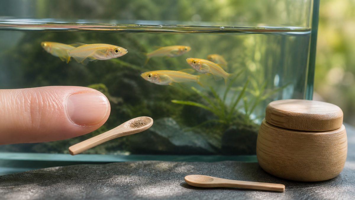 指先と小さなスプーンでメダカの餌を微量に取り分ける様子
