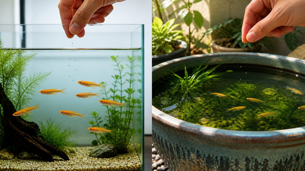 屋内水槽と屋外容器でメダカの餌の反応を見比べる飼育者