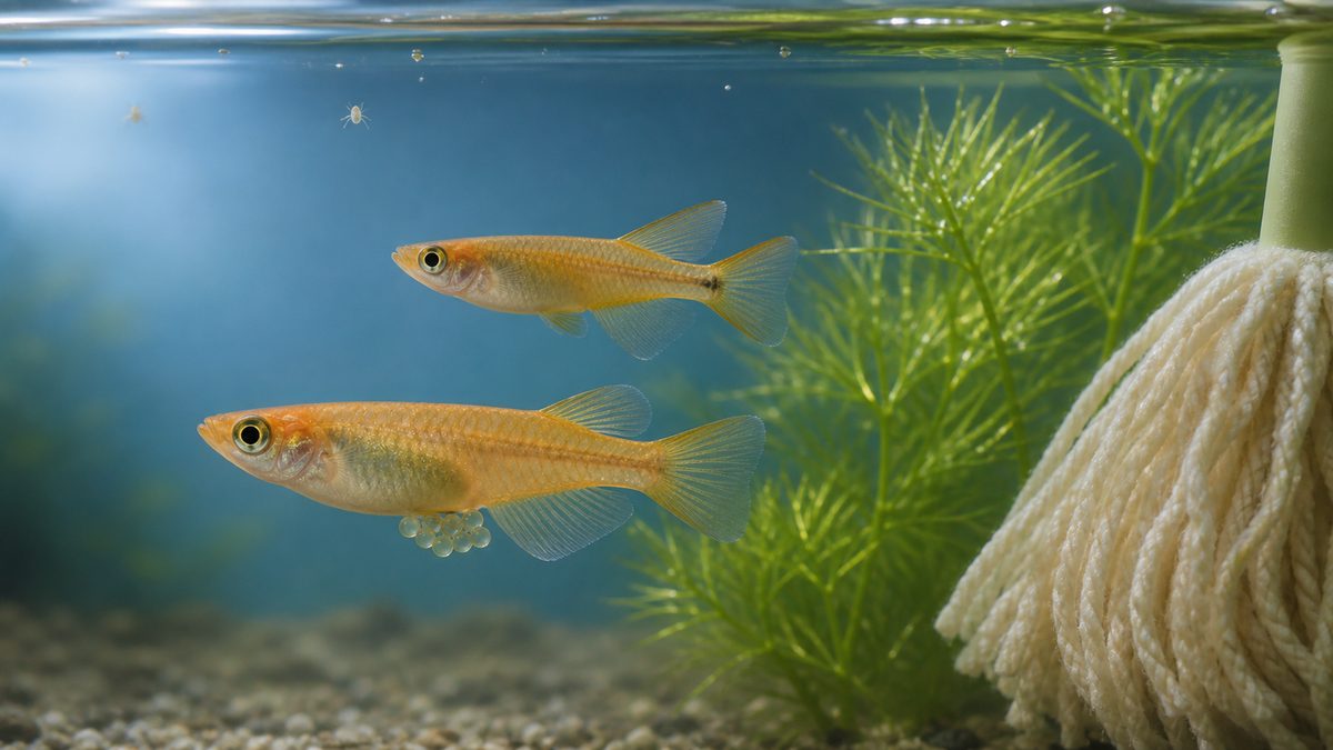 産卵床の近くで卵を付けた雌と雄のメダカを観察する様子