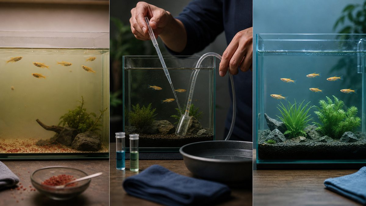 残餌がある水槽を観察しピペットとサイフォンで清掃する様子