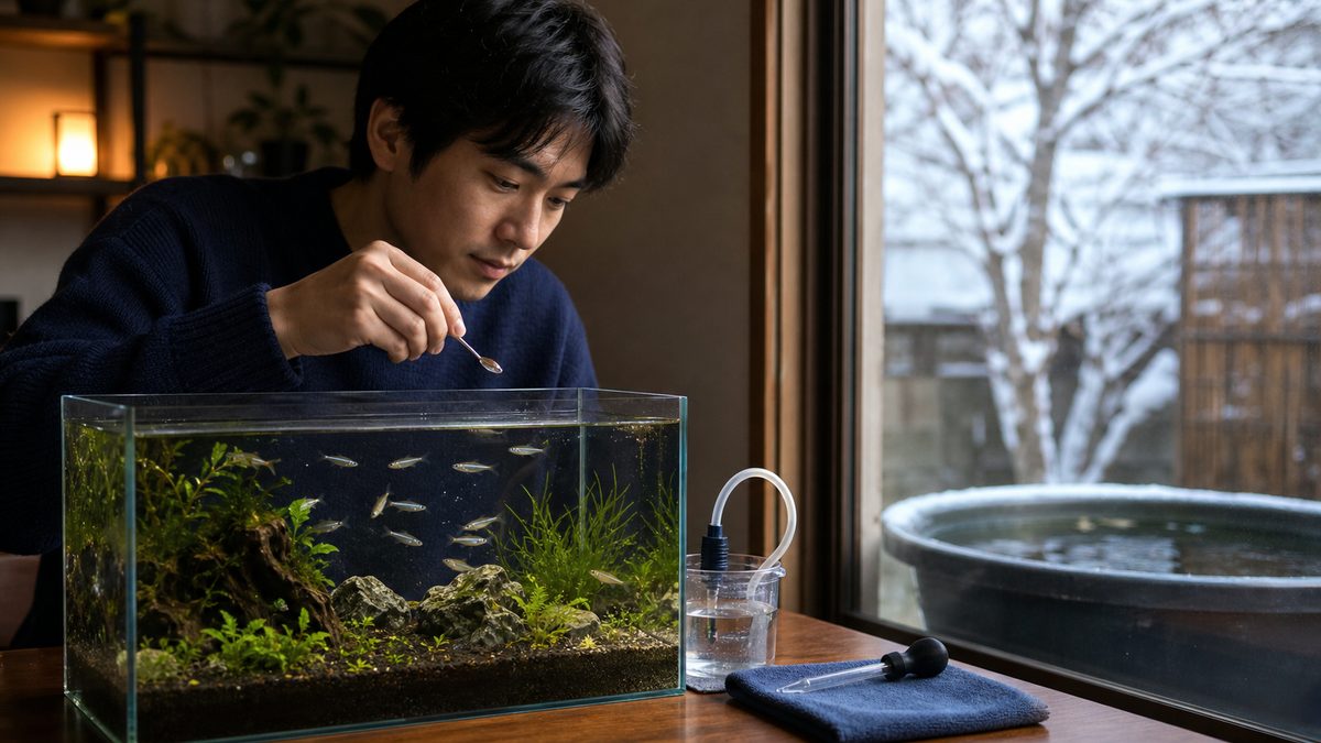 室内水槽のメダカを観察しながら小さなスプーンで餌を与える飼育者