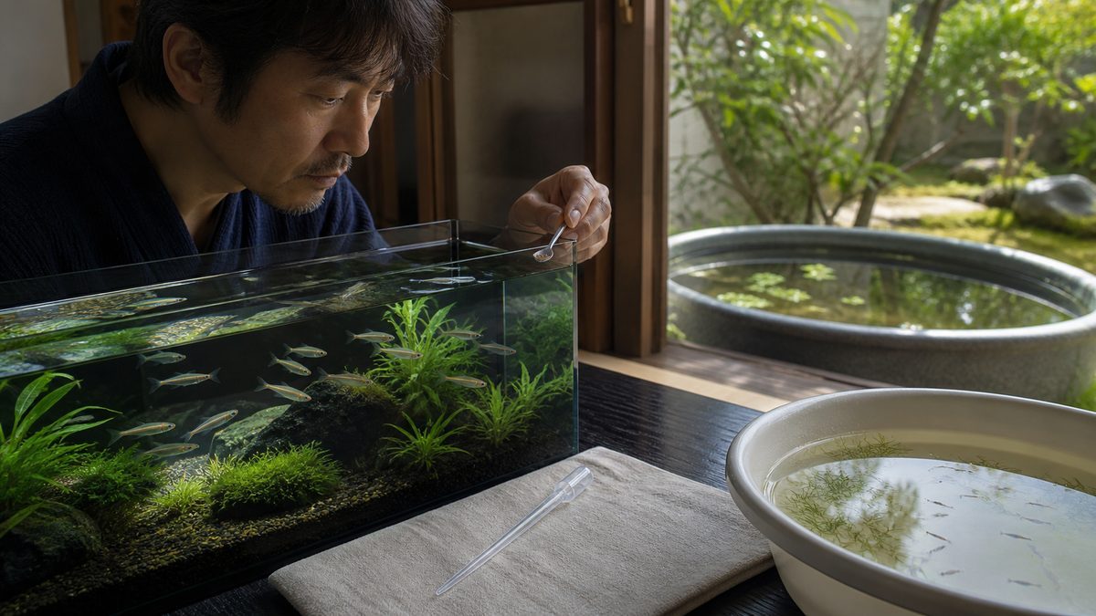 室内外のメダカと稚魚を観察し微量の餌を与えるまとめの飼育場面