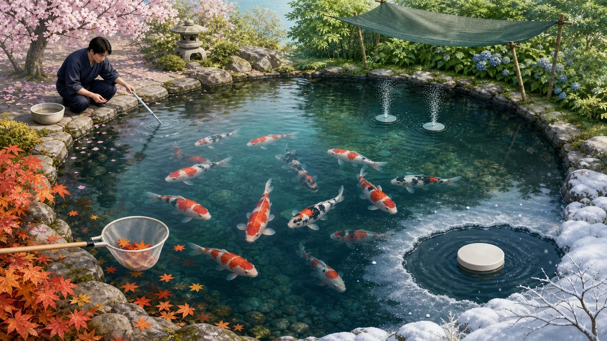 春の水温測定・夏の遮光と曝気・秋の落ち葉掃除・冬の凍結対策
