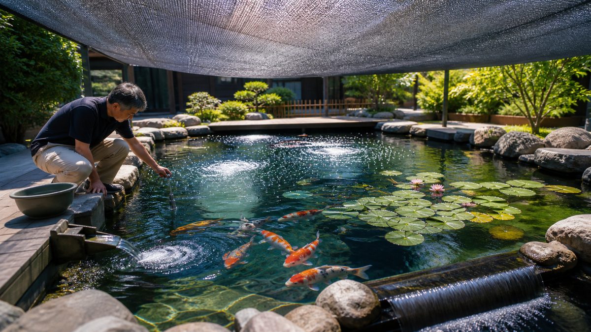 遮光ネット・エアレーション・水温測定・緩やかな部分換水で夏の錦鯉池を管理する様子