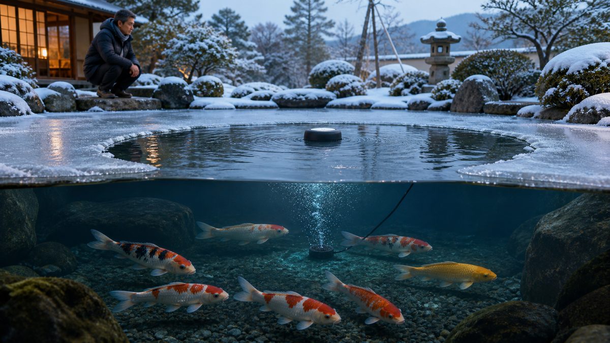 デアイサーで水面の開口を保ち深場で錦鯉を越冬させる池