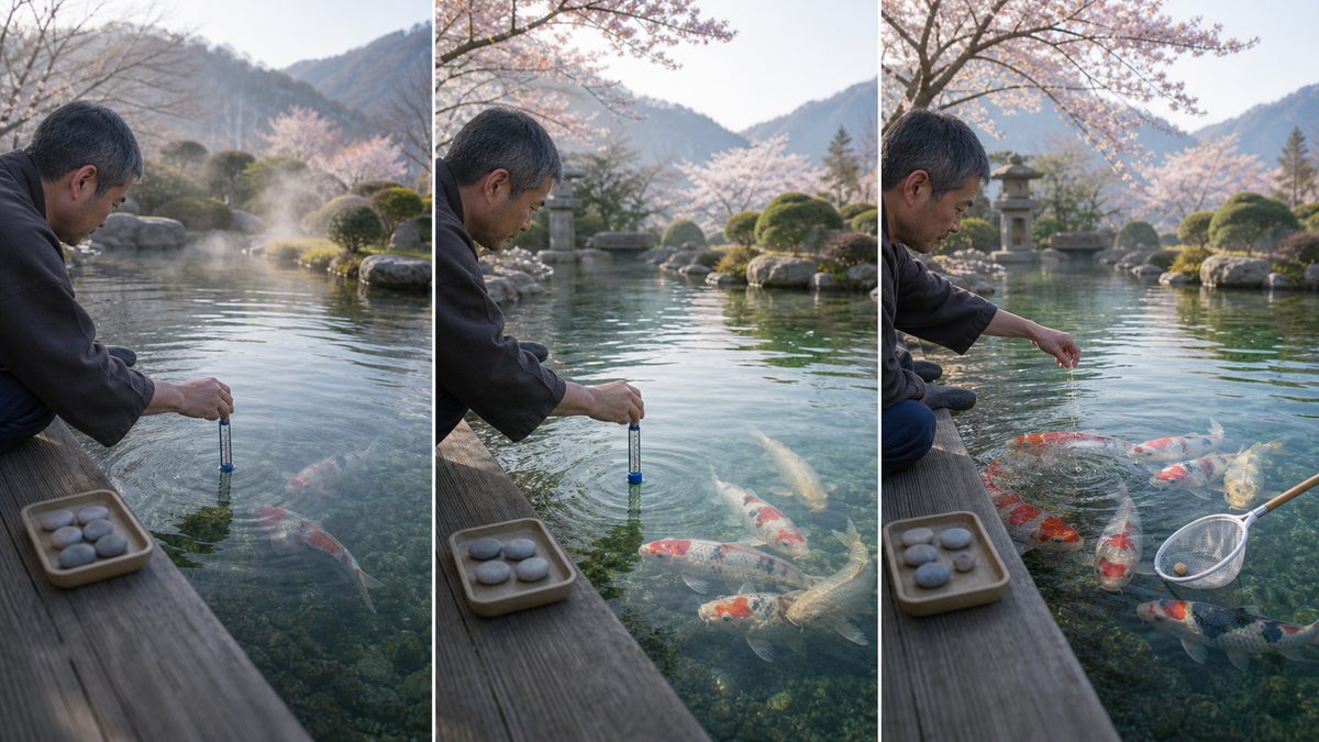 春に池の水温を繰り返し測定し少量給餌を再開する錦鯉管理