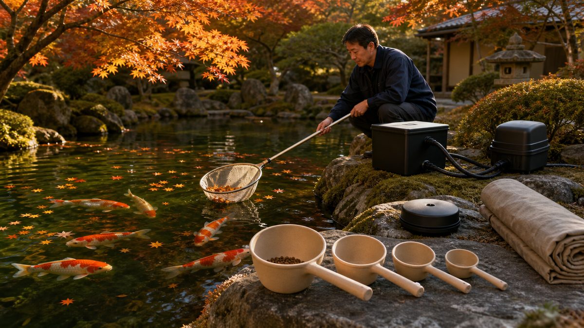 錦鯉池の落ち葉除去・濾過と曝気の点検・給餌量の段階的な調整