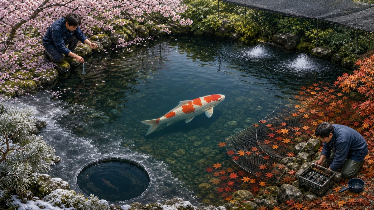 春の計測と給餌再開・夏の遮光と曝気・秋の掃除・冬の開口をまとめた錦鯉池