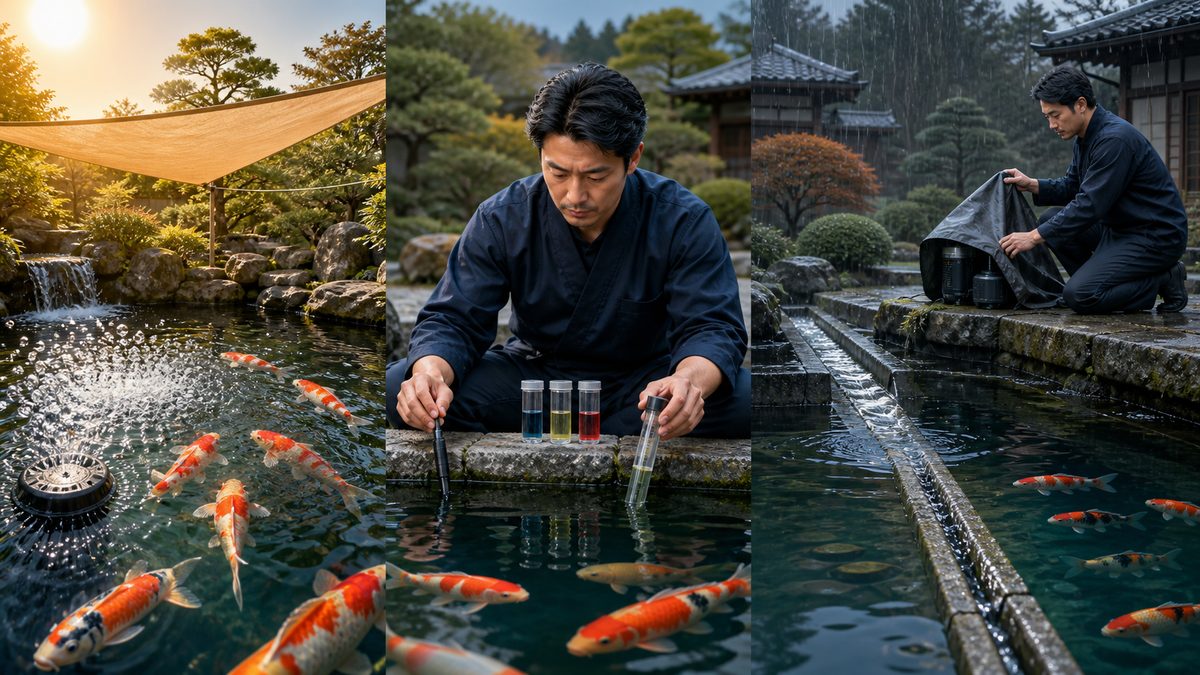 錦鯉の行動・水温・溶存酸素・水質を確認し高水温と冷たい雨に対処する流れ